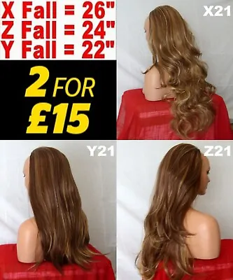 3/4 Wig BROWN HIGHLIGHT BLONDE Long Curly Wavy Flick Half Wig Womens Hair Piece • £9.99