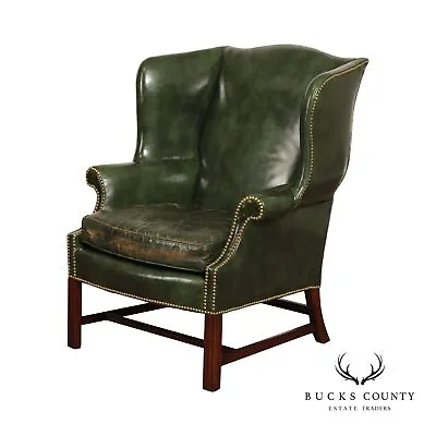 Heritage Chippendale Style Vintage Green Leather Wing Back Chair • $1495