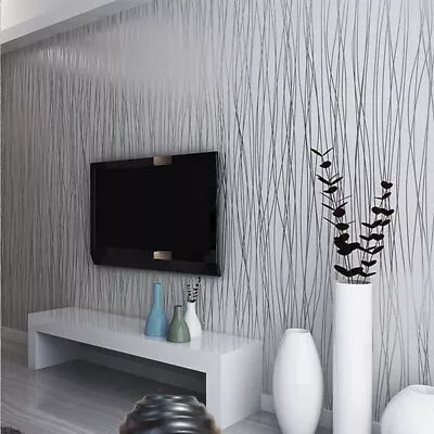 £10.95 • Buy 10m Grey Wave Stripe Plain Metallic Glitter Silver Textured Vinyl Wallpaper
