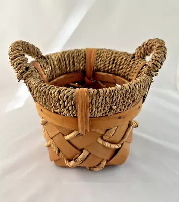 SMALL WOVEN  BASKET WITH HANDLE Jute Accent Around Top & Handles Well Made • $12.50