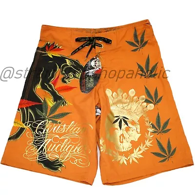 Christian Audigier  Rasta  Board Shorts Size 33 Orange Vintage Ed Hardy NWT Y2K • $78