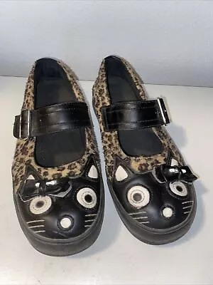 T.U.K. Anarchic Vntg Leopard Mary Jane Kitty Cat Face Chunky Shoes 10.5 Rare! • $48.38