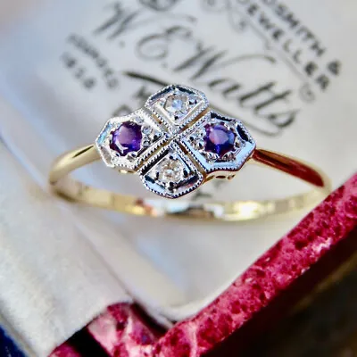 18ct Yellow Gold & Platinum Art Deco Amethyst And Diamond Ring – Size Approx: Q • £325