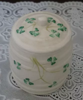 VINTAGE Belleek Pottery Shamrock Pattern Barrel Marmalade Lidded Jar Ireland • $28