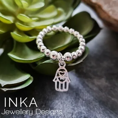 INKA Sterling Silver Stacking Stretch Ring Thumb Ring & Mini Hamsa Hand Charm • £14