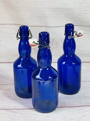 Cobalt Blue Glass Bottles With Stoppers Lot Of 3 EUC Vintage • £28.95