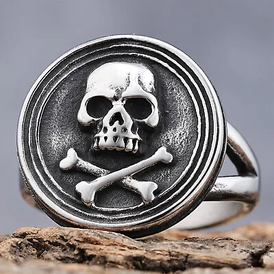 Stainless Steel Round Signet Style Gothic Skull Halloween Cocktail Party Ring • $10.99