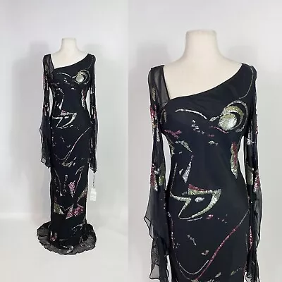 1990s - Y2K Terani Couture Black Flutter Sleeve Silk Bias Cut Gown Deadstock NWT • $319