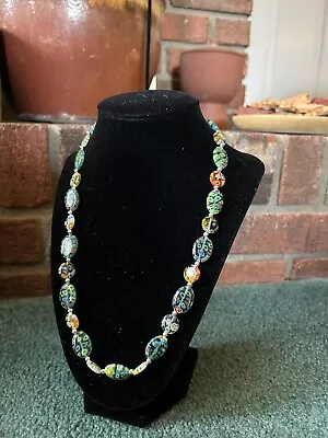 Millefiori Glass Necklace 23”  Lobster Clasp Round Oval • $24