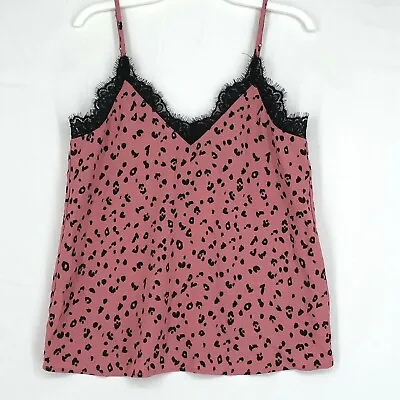 Divided By H&M Womens US Size 2 Camisole Top Pink Black Animal Print Lace Trim • $14.95