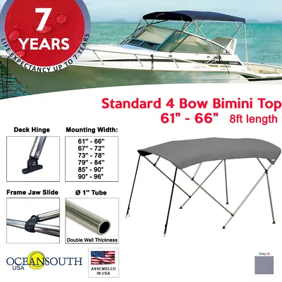 Standard BIMINI TOP 4 Bow Boat Cover Gray 61 -66  Wide 8ft Long W/ Rear Poles • $128.10