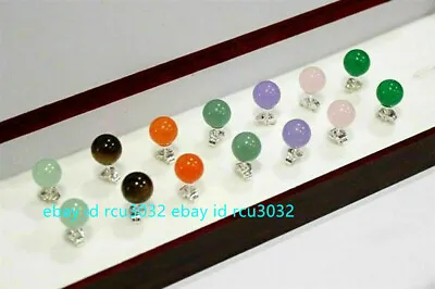 Natural 7 Pairs Mix Color Jade Round 10mm Bead Gemstone 925 Silver Stud Earrings • $7.50