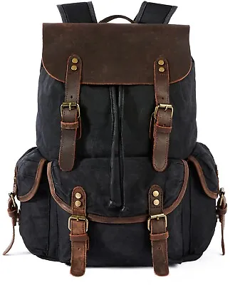 Men Waxed Canvas Leather Backpack Travel Rucksack Camping Hiking School Book Bag • $57.98