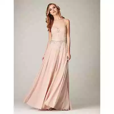 NWT Mignon Metallic Blush Pink Illusion Low Back Chiffon Beaded Maxi Dress 0 • $125