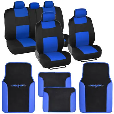 Black & Blue Seat Covers Set Complete W/ Two Tone Vinyl Trim Floor Mats • $45.99