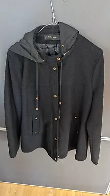 Womens Zara Basic Black Hooded Button Zip Coat Jacket Xl • $25