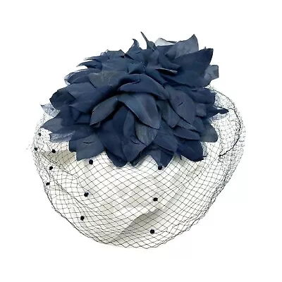 Vtg Netted Navy Fascinator Hat Birdcage Veil Mesh Dots Flower Feather Union Made • $16.99