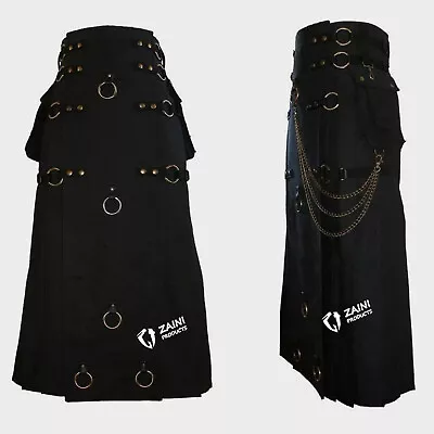 Long Black Gothic Cotton Utility Kilt Steampunk Design Leather Straps & Chains • $89.99