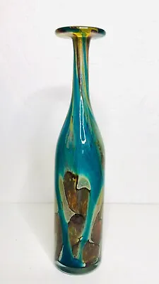Signed Mdina Hand Blown Art Glass Vase Bottle Turquoise Brown Amber Malta Tall • $275