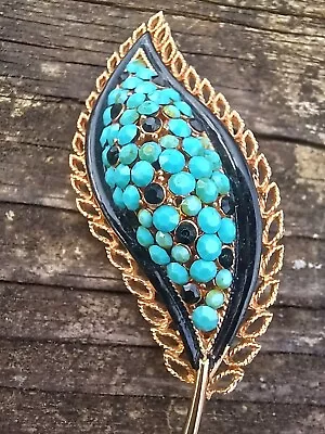 VTG Signed Kramer Faux Turquoise Black Rhinestone Enamel Leaf Brooch • $29