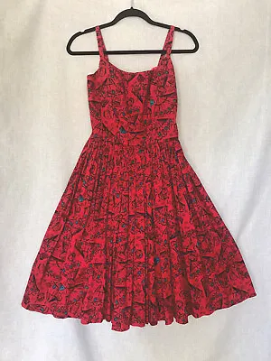 Pinup Couture Dress SMALL Red 50s Vintage Inspired Rockabilly Fan Floral • $45