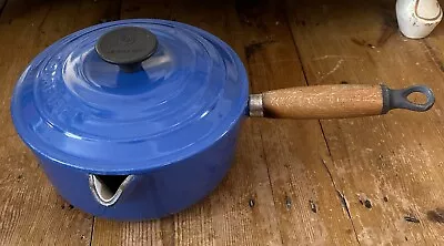 Le Creuset Blue 18cm Lidded Saucepan Cast Iron Spout Wooden Handle • £19.99