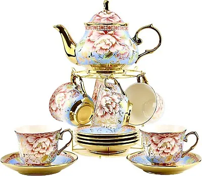 20 Piece Tea Set With Golden Metal Stand 27oz Tea Pot Cups Saucers Spoons For 6 • $55