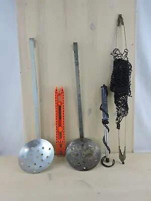 Lot Of 4 Vintage Ice Fishing Accessories 2 Bait Ladles Collapsible Net Plastic ? • $8.99