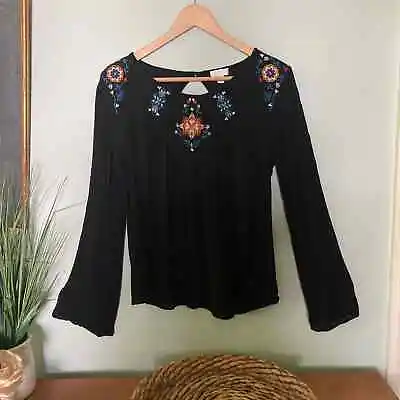 C WONDER Womens Black Embroidered Long Sleeve Peasant Bohemian Blouse | MED • $9.73