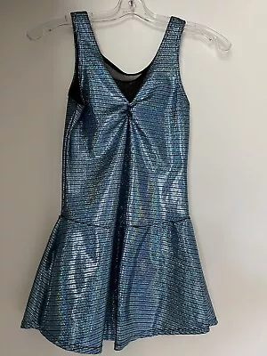 Mondor Canada Figure Skating Dress Adult Small Blue Shiny With Black Mesh • $49