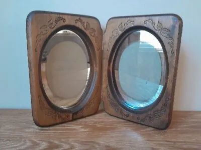 Wood Carved Folding Picture Frame Double Oval Reflective Mirror Vtg Woodsmen Inc • $22