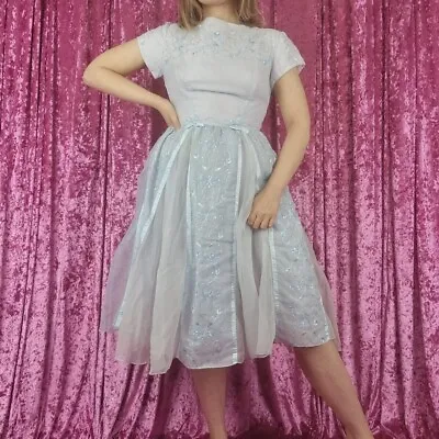 Vintage 1980s Does 50s Blue Pink Evening Ballgown Dress 8 To 10 • £19.99