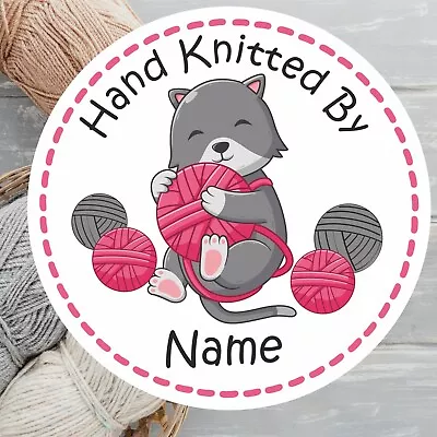 39 Personalised Hand Knitted By Stickers Label Grey Cat Design KnittingCraft • £2.99