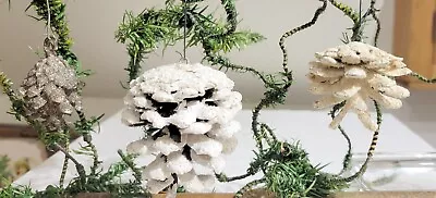 Three Actual Pine Cones. One Glittered. Two White Flocked. Home-Crafted Ornament • $0.99