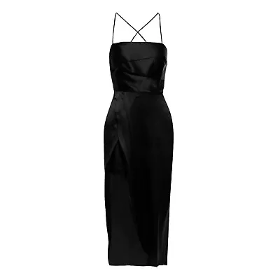 NWT MICHELLE MASON Pleated Silk-Charmeuse Midi Dress Black 4 • $249.99