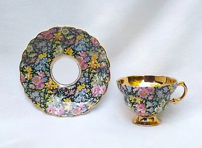 Rosina Black Floral Chintz Teacup & Saucer Bone China England • $35