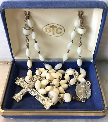 Vintage Devon Catholic Holy Oval Mother Of Pearl Bead Prayer Rosary Necklace • $49.99