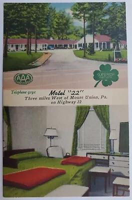 Mount Union PA Motel  22  On Highway 22 Inside & Outside View Linen Postcard T5 • $7.75