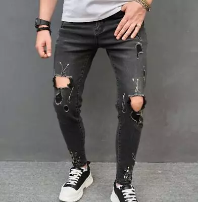 Men's Black Denim Cotton Jeans Ripped Knee Holes Printed Pants Trousers Hip Hop • $41.39
