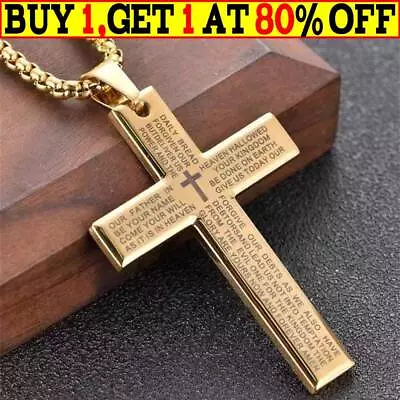 Cross Pendant Necklace For Men Boys Stainless Steel Lord's Prayer Bible Chain💥 • $2.99