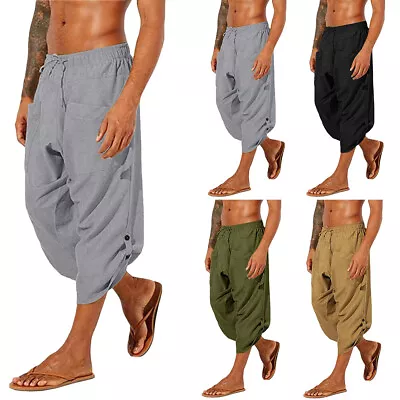 Mens Cotton Linen 3/4 Length Pants Casual Baggy Loose Yoga Beach Harem Trousers • $18.49