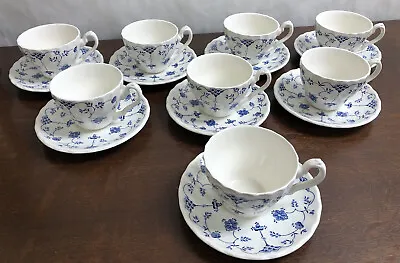 MYOTT FINLANDIA Tea Cups Saucers 8 Sets Staffordshire Ware England ~ Blue White • $90