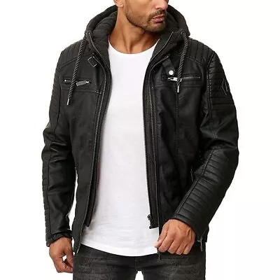 Men's Real Black Lamb Leather Removable Hoodie Motorcycle Biker Jacket Size 3XL • $79.99