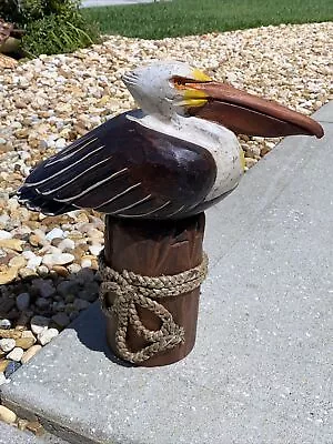 Sleeping Pelican On Piling Carved Wood Tropical Sculpture Bird Decor • $50