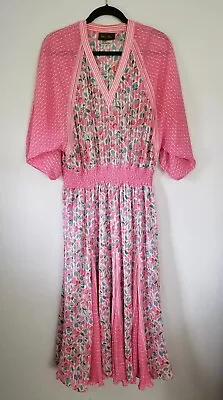 Diane Freis Original 70/80's Vintage Sheer Pink Floral Maxi Dress L/XL • $149.99