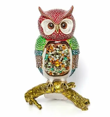 Faberge Large Enameled Owl Figurine Swarovski Crystal 24K Jewelry Trinket Box • $259.99