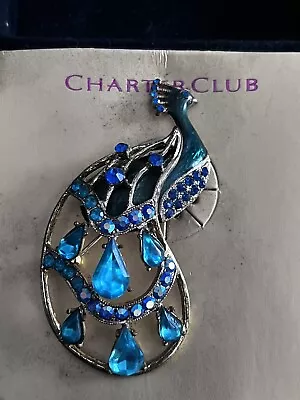 $8 • Buy Charter Club Peacock Brooch Pin Aqua & Green Crystals Faceted Stones & Enamel 