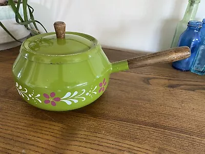 Vintage Imperial International Enamelware Fondue Pot Floral Wood Handle (boxX) • $17.95