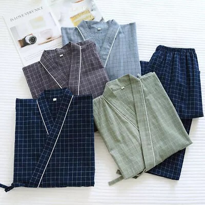 Men Japanese Kimono Pajama Set Long Pants Checked Cotton Sleepwear Nightwear • $29.84