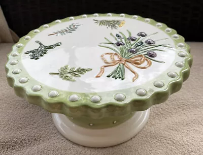 Ceramic Pedestal Cake Stand Scalloped Edges Raised Pattern Wildflowers Pretty! • $29.99